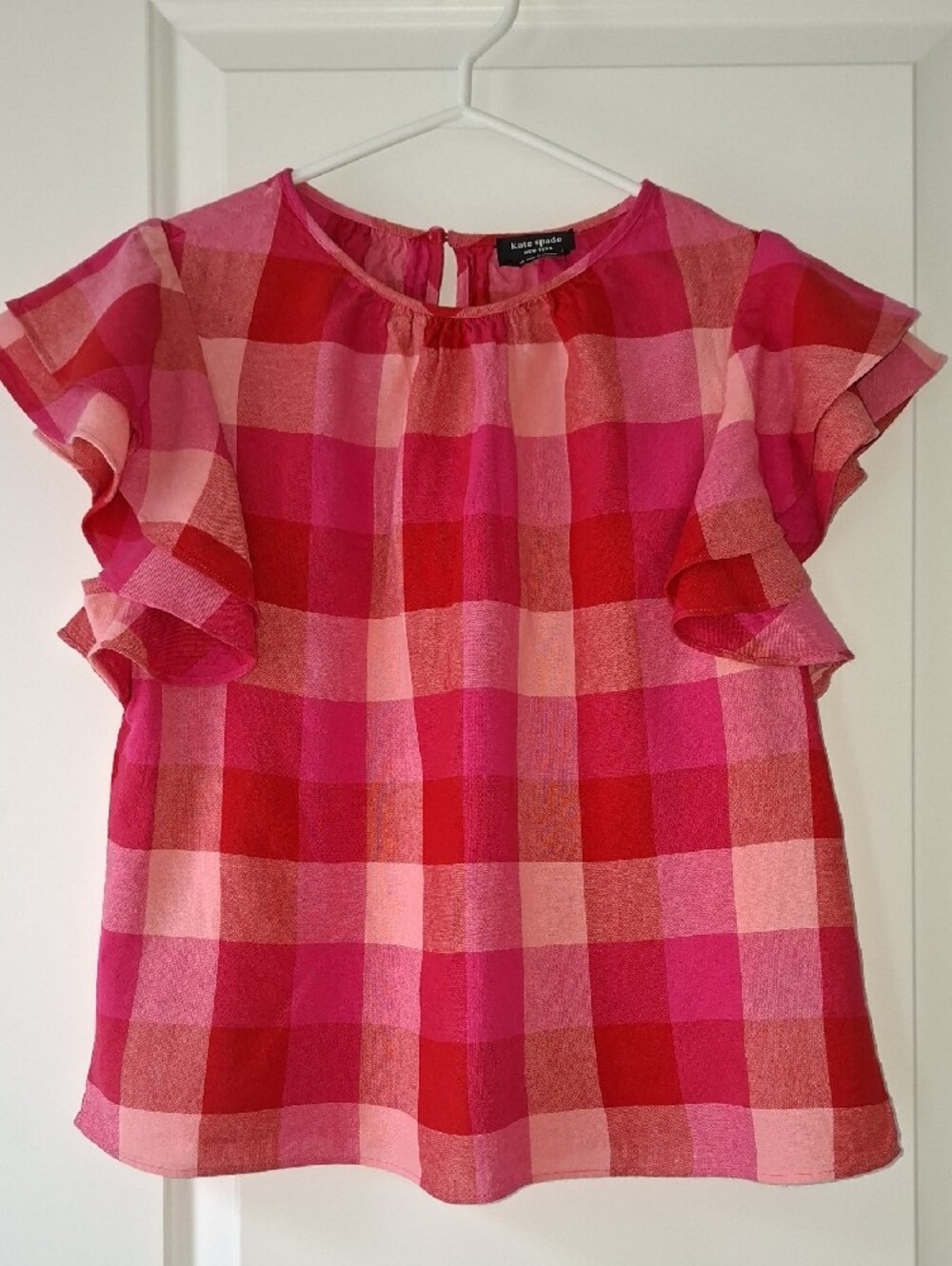 Kate Spade Pink & Red Gingham Ruffle Blouse Short Sleeve Top Linen Viscose - Picture 4 of 16